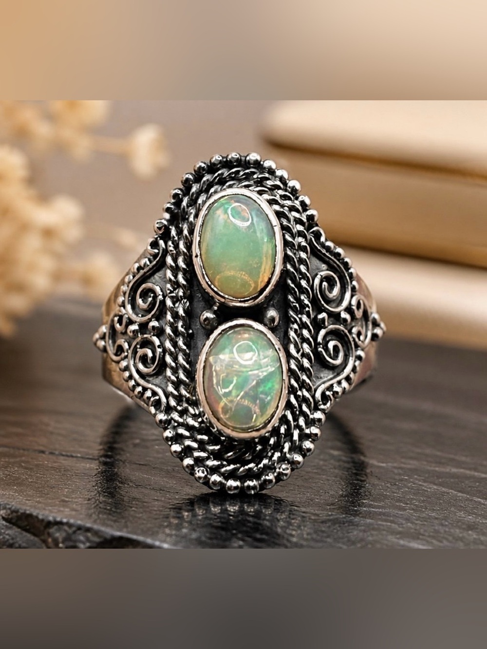 Size 8 925 Sterling Silver Ethiopian Opal Double Stone Ring